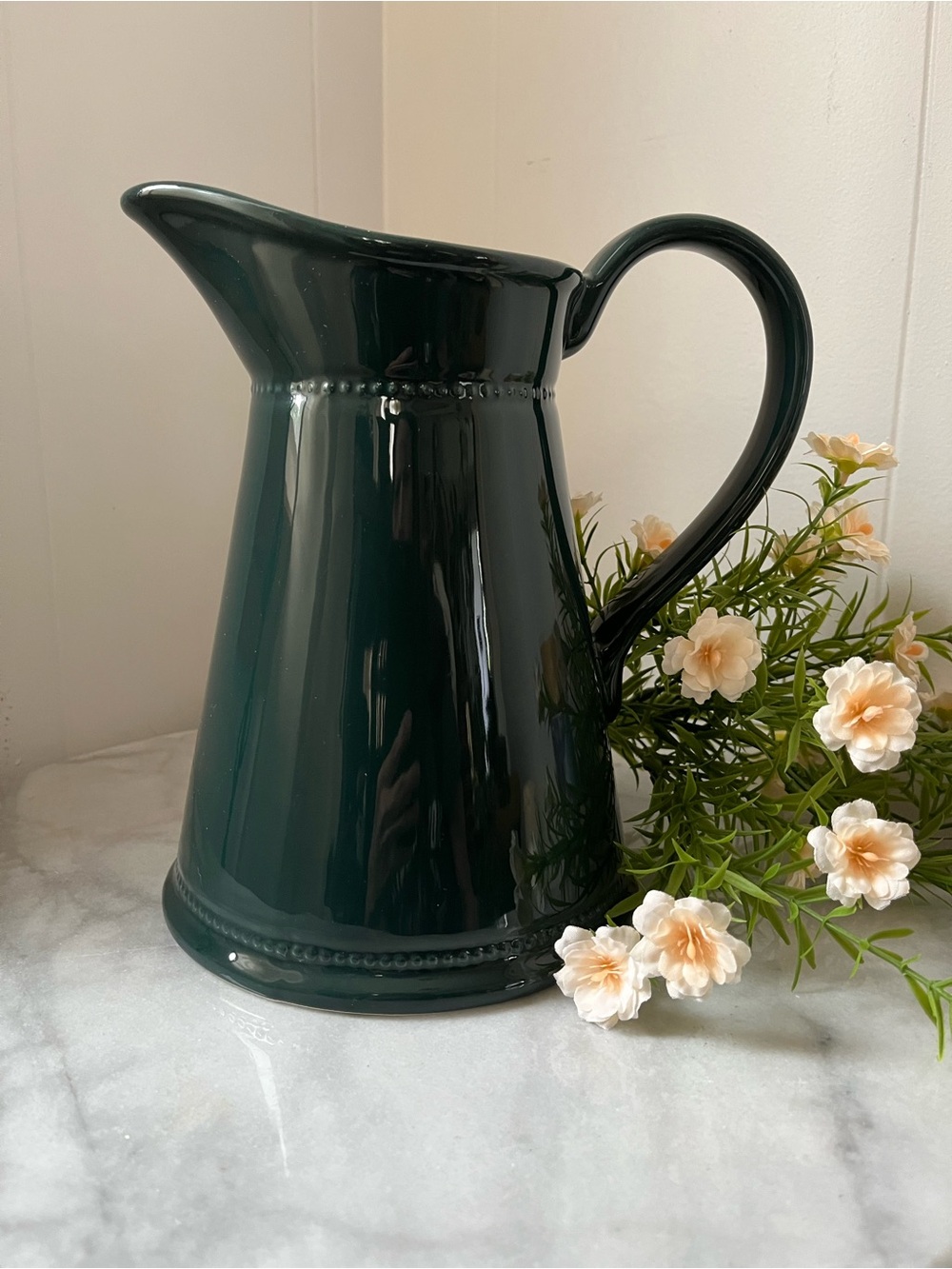 Vintage Martha Stewart Beaded Trim Forest Green Ceramic Pitcher Dark Farmhouse